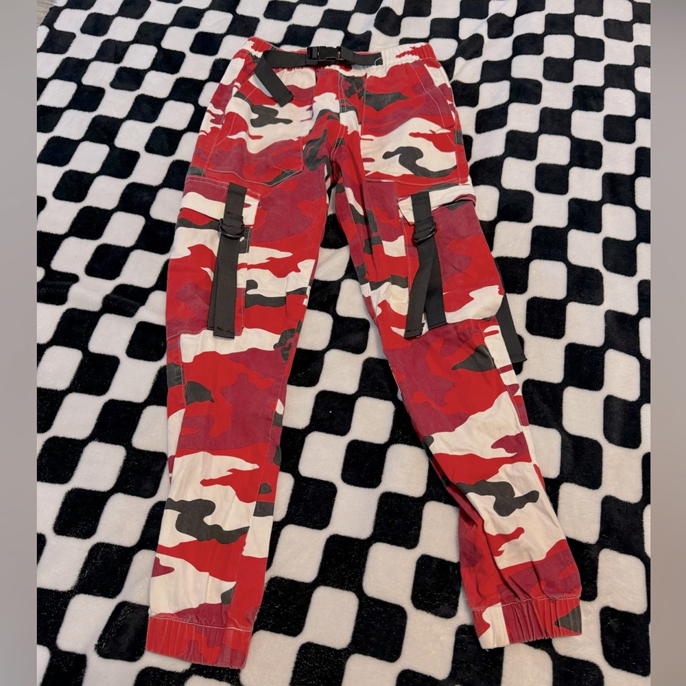 HOT Red and Black Cargo Pants With Buckles